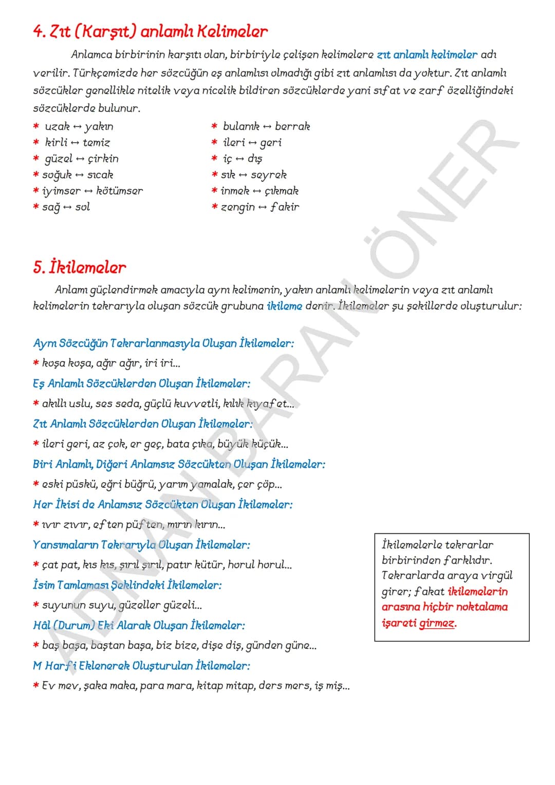 # İÇİNDEKİLER
## 1. SÖZCÜKTE ANLAM
### A. Kelime ve Kelime Gruplarımın Anlam Özellikleri
1. Gerçek (Temel) Anlam
2. Yan anlam
3. Mecaz Anla