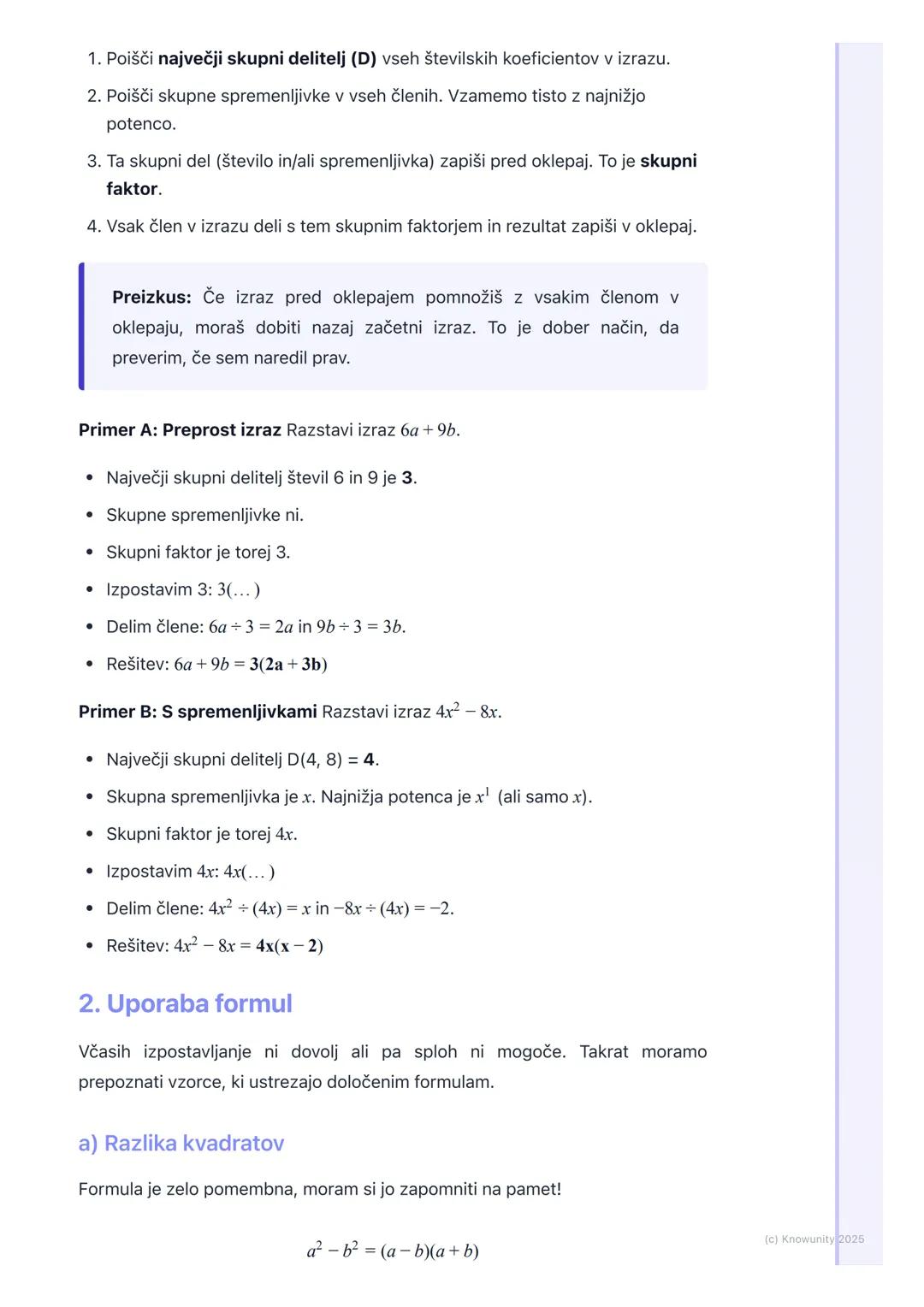 # Razstavljanje izrazov
Kaj je razstavljanje izrazov?
Razstavljanje (ali faktorizacija) algebrskih izrazov je postopek, pri katerem
vsoto