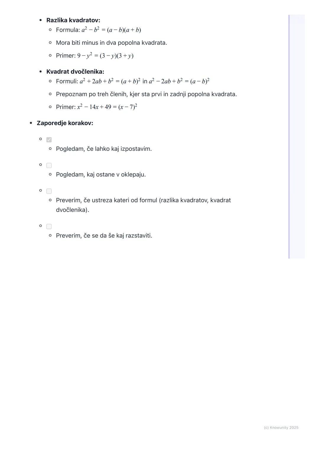 # Razstavljanje izrazov
Kaj je razstavljanje izrazov?
Razstavljanje (ali faktorizacija) algebrskih izrazov je postopek, pri katerem
vsoto