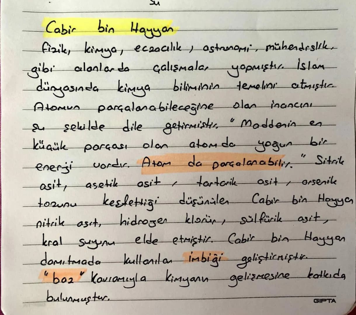 # Su
## Cabir bin Hayyan
Fizik, kimya, eczacılık, astronomi, mühendislik gibi alanlarda çalışmalar yapmıştır. İslam dünyasında kimya bilim