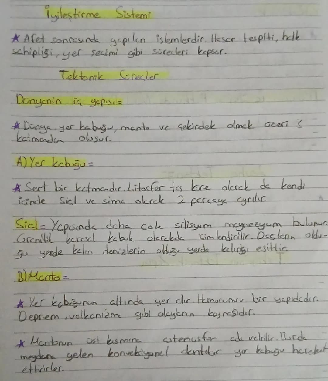 # İyileştirme Sistemi
* Afet sonrasında yapılan işlemlerdir. Hasar tespiti, halk sahipliği, yer seçimi gibi süreçleri kapsar.
# Tektonik Sü