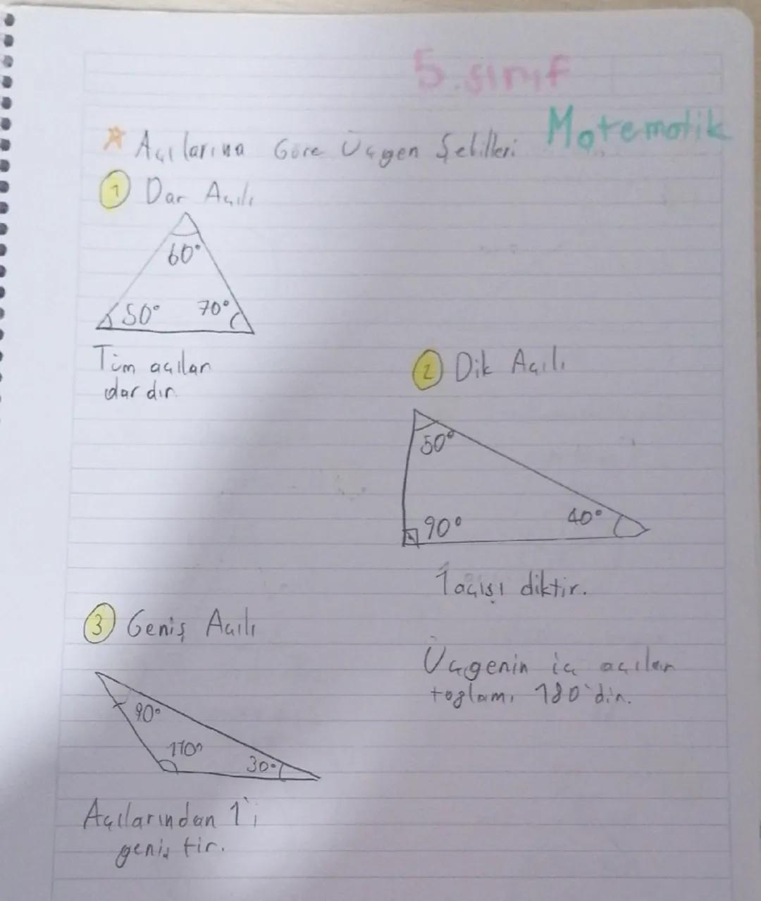 5. sinif
* Açılarına Göre Ungen Schiller: Matematik
1) Dar Anile
60°
450°
70°
Tim açılar
dar dir
⑦ Dik Açılı
50
3 Geniş Açılı
90°
40° D
1oci