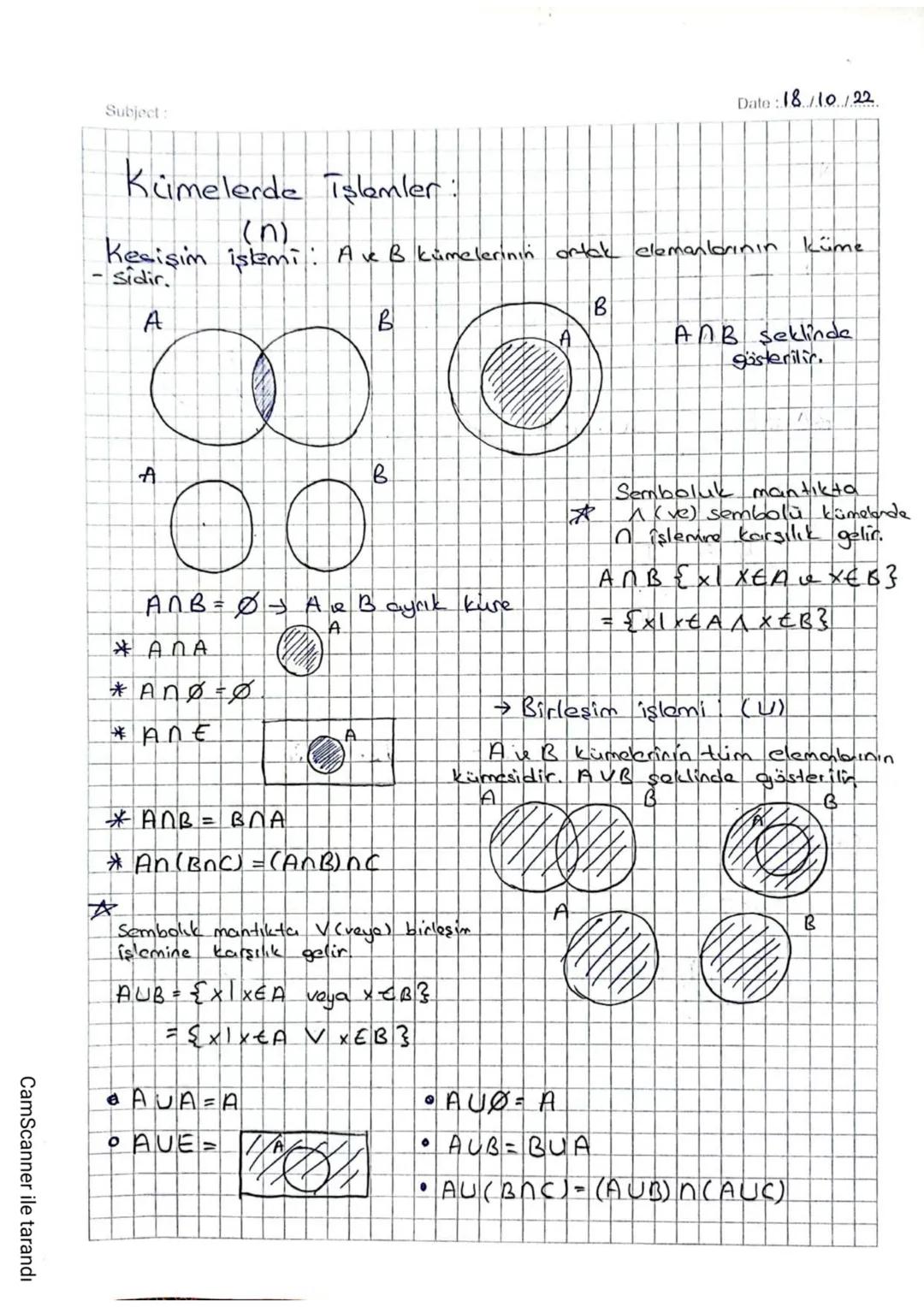 Date: 18/10/22
Subject:
Kümelerde işlemler
(n)
Kesişim işlemi: Ave B kümelerinin ortak elemanlarının küme
-sidir.
CamScanner ile tarandı
A
B