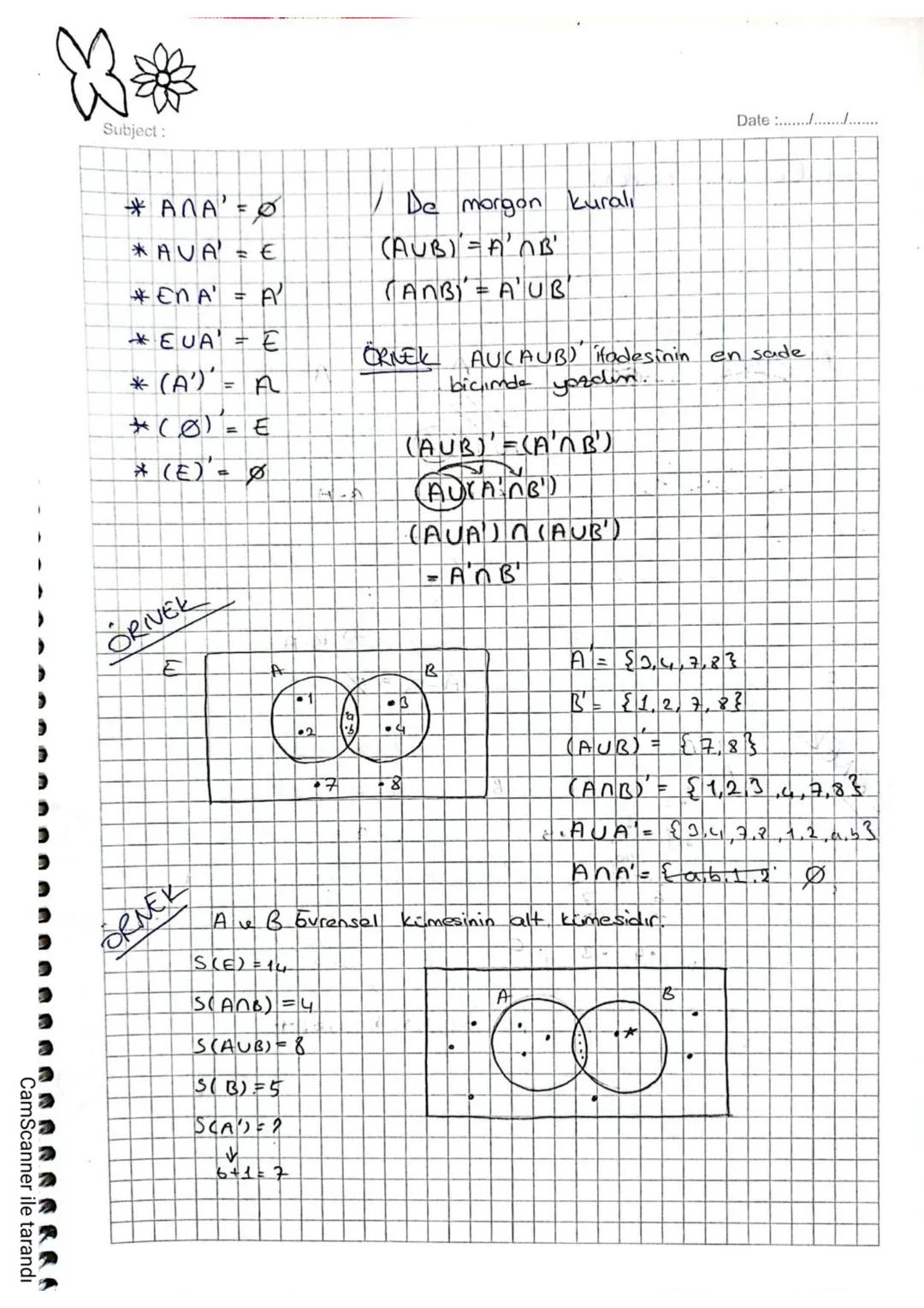 Date: 18/10/22
Subject:
Kümelerde işlemler
(n)
Kesişim işlemi: Ave B kümelerinin ortak elemanlarının küme
-sidir.
CamScanner ile tarandı
A
B