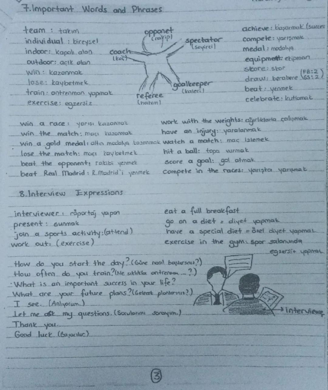 7.Important Words and Phrases
team takim
individual: bireysel
opponet
Crakip spectator
achieve: başarmak (succes
compete: yarışmak
indoor: k