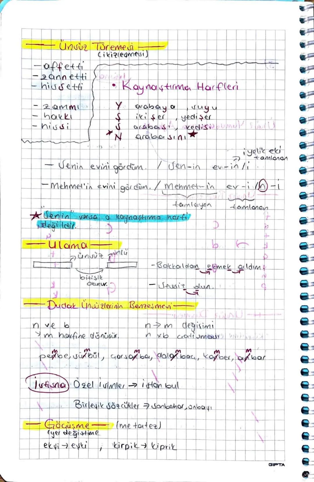 -SES BİLGİSİ
Ünlü harfler
Düt Vurorlak
Geniş Dor Genis Dor
Kalın α 1 ο υ
Ince e 1 ö ü
• Unlü Uyumlar
—Büyük Ünlü Uyumu—
Kalın → kalın
(α,