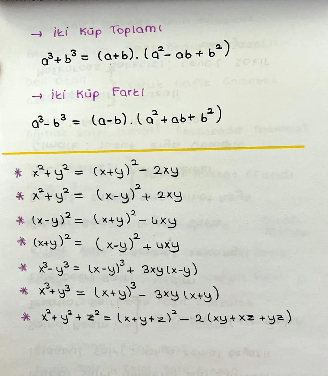 ÖZDEŞLİKLER
→ Tam Kare Özdeşliği
iki Terim Toplamının Karesi
(a+b)²= a²+2ab+62
iki Terim Farkının caresi
(a-6)² = a²-2ab+b²
→ ÜG Terim Topla