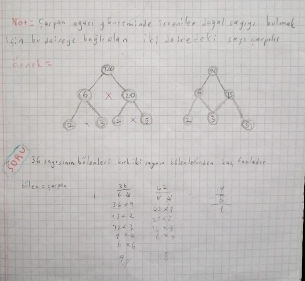 Not: Çarpan ağacı yönteminde isteniler doğal sayıyı bulmak
için bu daireye bağlı olan ikidairedeki sayı çarpılır
örnel=
120
90
6
X
20
6
1