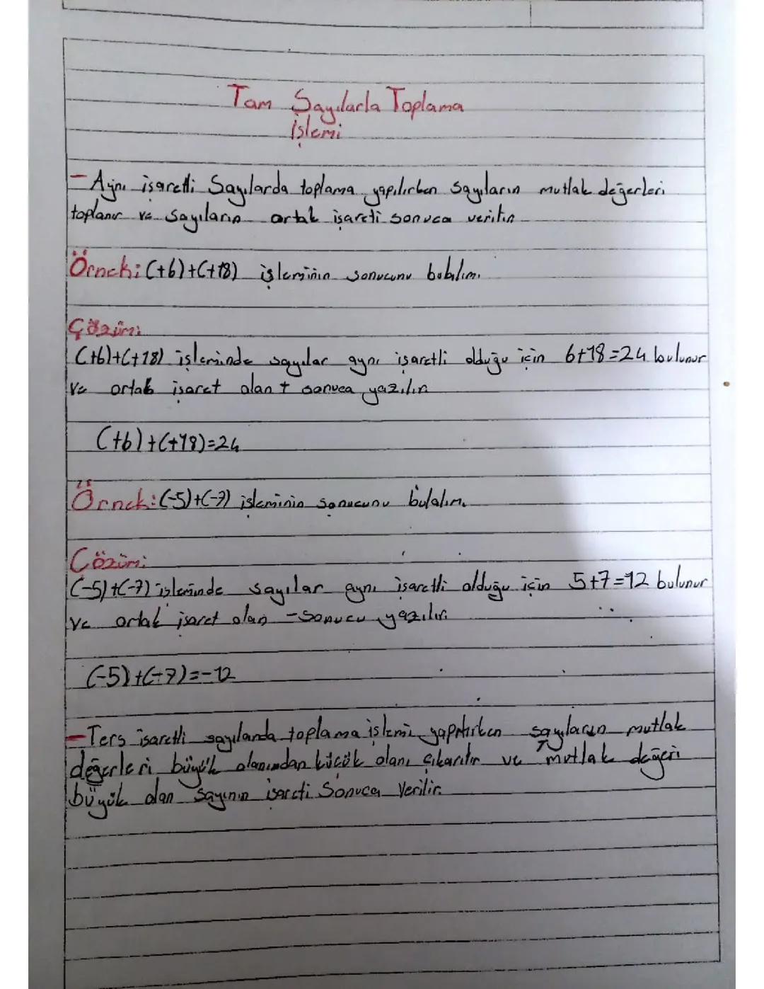 7. Sınıf Tam Sayılarda Toplama İşlemi Konu Anlatımı ve Örnekler