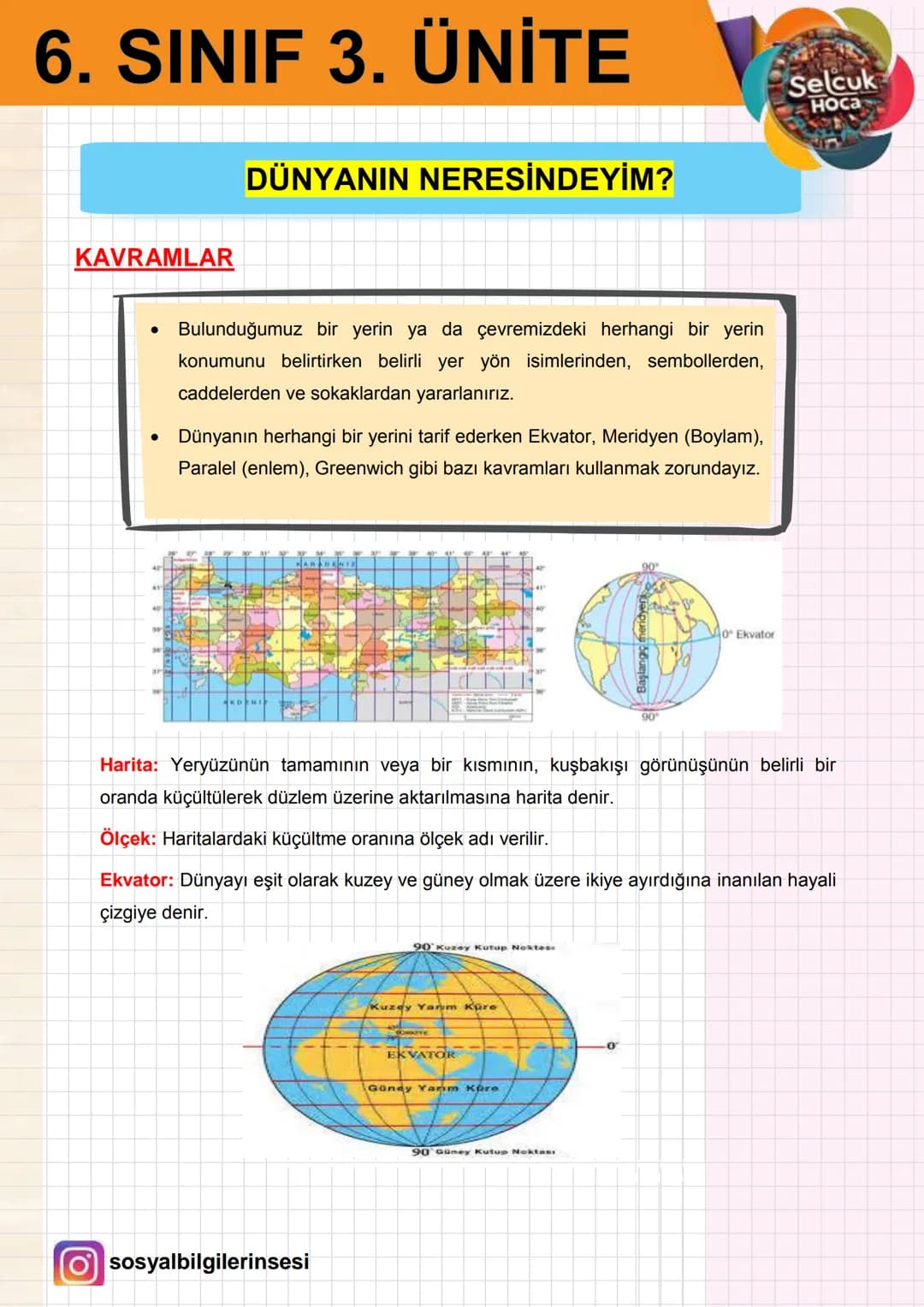 # 6. SINIF 3. ÜNİTE
Selçuk Hoca
## DÜNYANIN NERESİNDEYİM?
### KAVRAMLAR
* Bulunduğumuz bir yerin ya da çevremizdeki herhangi bir yerin