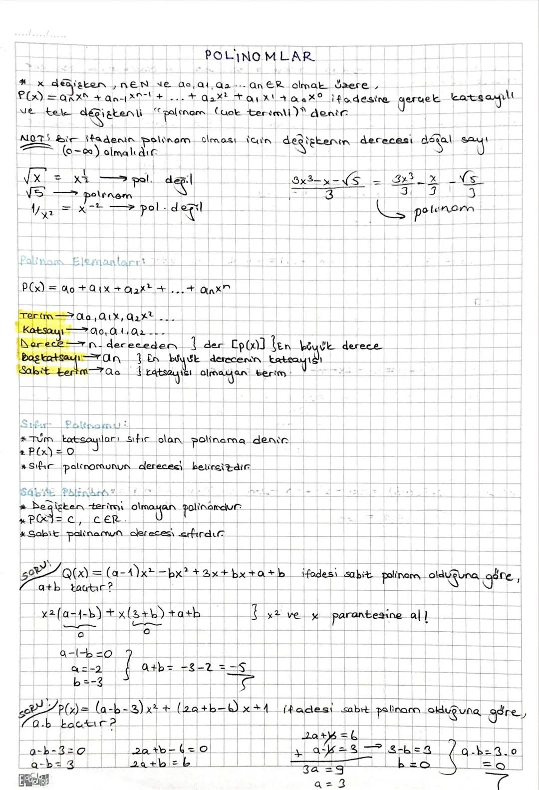 # POLINOMLAR
*x değişken, nen ve ao, a1, a2... an ER olmak üzere,
P(x)=a^x^ + an-1xn-1 + ... + a2x² + ai xi taoxo ifadesine gerçek katsayıl