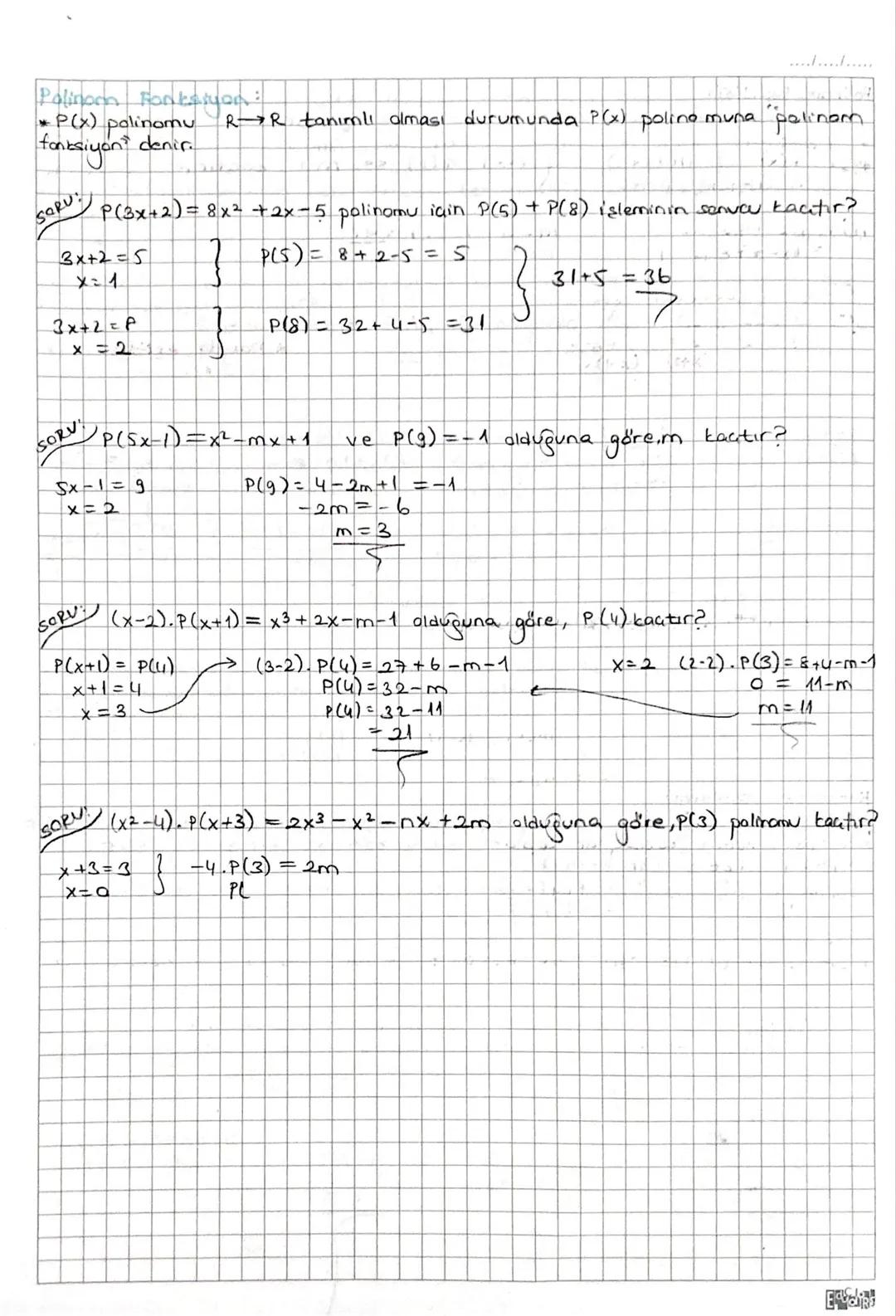 # POLINOMLAR
*x değişken, nen ve ao, a1, a2... an ER olmak üzere,
P(x)=a^x^ + an-1xn-1 + ... + a2x² + ai xi taoxo ifadesine gerçek katsayıl