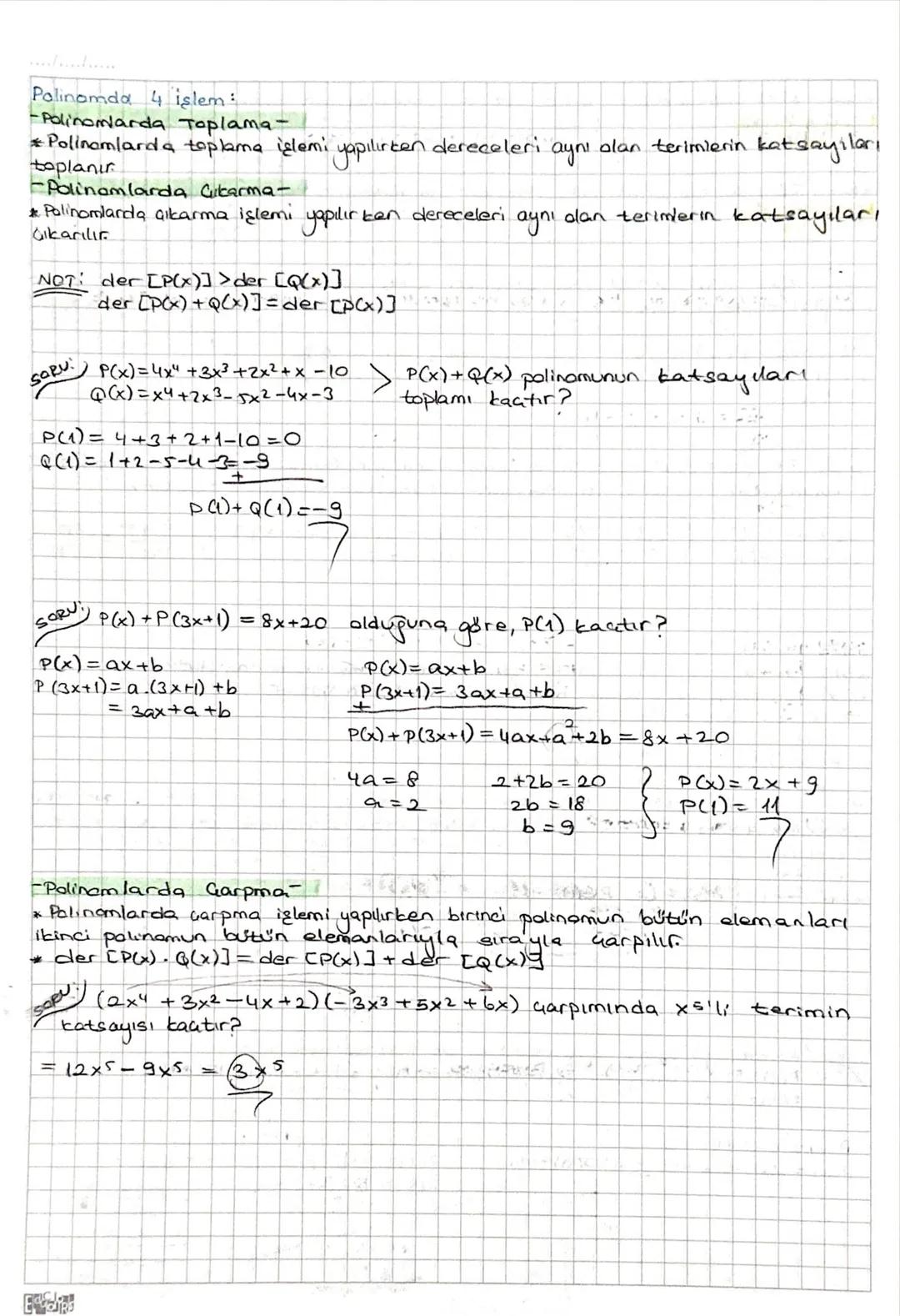 # POLINOMLAR
*x değişken, nen ve ao, a1, a2... an ER olmak üzere,
P(x)=a^x^ + an-1xn-1 + ... + a2x² + ai xi taoxo ifadesine gerçek katsayıl