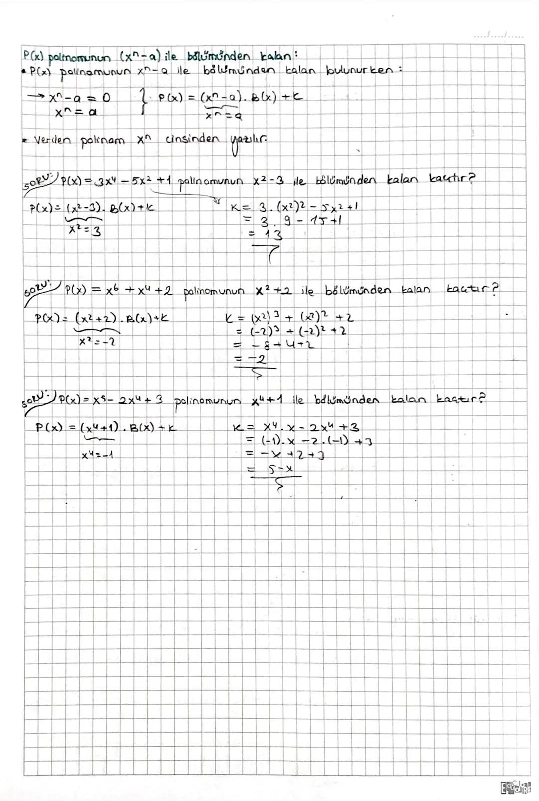 # POLINOMLAR
*x değişken, nen ve ao, a1, a2... an ER olmak üzere,
P(x)=a^x^ + an-1xn-1 + ... + a2x² + ai xi taoxo ifadesine gerçek katsayıl