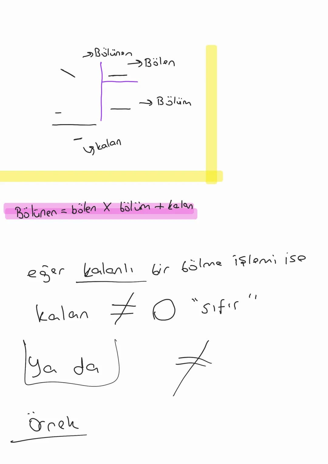 Bölünen
kalan
→Bölen
Bölüm
Bölünen = bölen X bölüm + kalan
eğer kalanlı bir bölme işlemi ise
kalan $\neq$ 0 "sıfır"
Ya da $\neq$
örek 15 | 5