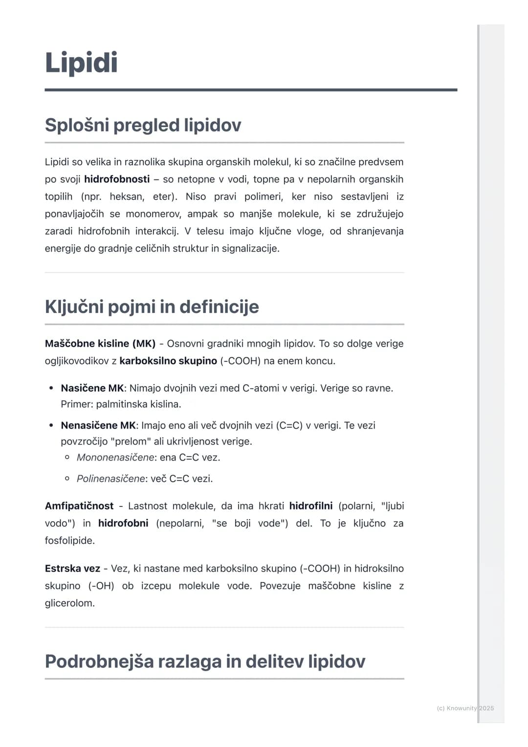 # Lipidi
Splošni pregled lipidov
Lipidi so velika in raznolika skupina organskih molekul, ki so značilne predvsem
po svoji hidrofobnosti s