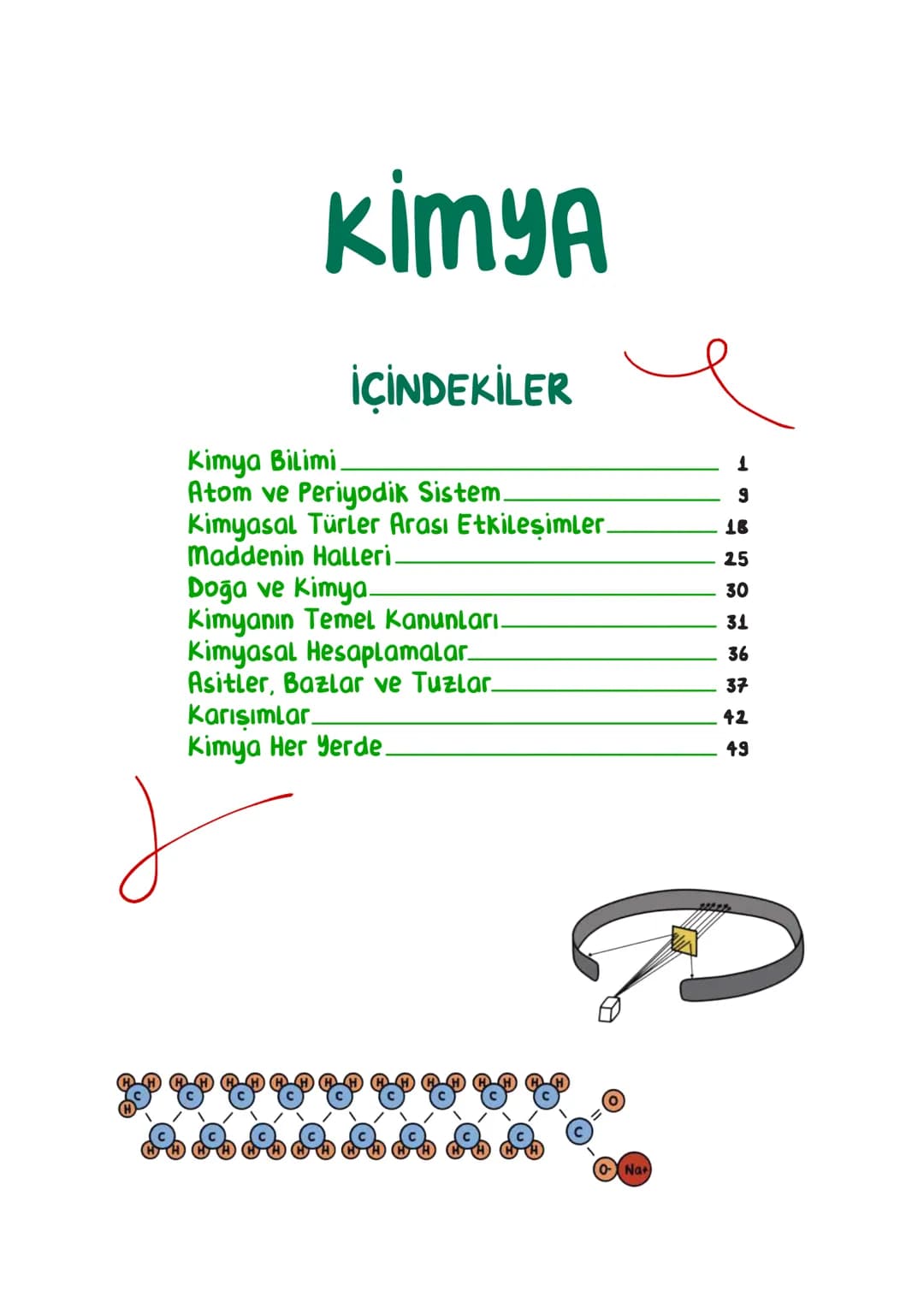 # kimya
## İÇİNDEKİLER
- Kimya Bilimi 1
- Atom ve Periyodik Sistem 9
- Kimyasal Türler Arası Etkileşimler 18
- Maddenin Halleri 25
- Doğa ve
