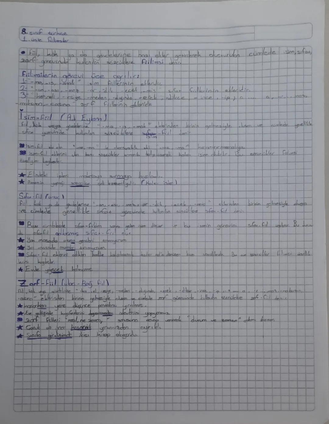 8. sinif turhae
1. unite fillimater
• Fill, mok ya da asudelerine baal eeler goticilerek dusrurven curlede ism, sifat,
zarf görevinde hullen