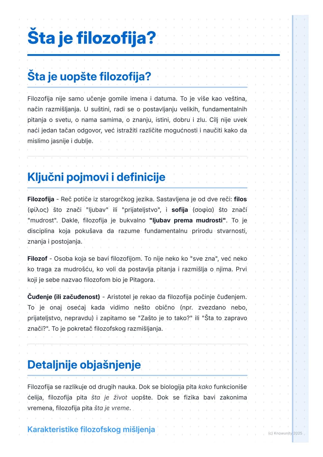 # Šta je filozofija?
# Šta je uopšte filozofija?
Filozofija nije samo učenje gomile imena i datuma. To je više kao veština,
način razmišlj