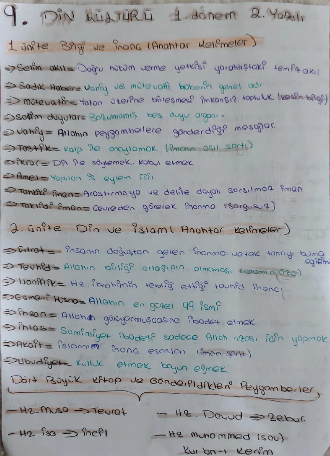 9. DIN KÜLTÜRÜ 1.dönem 2.Yazılı
1 ünite Bilgi ve inona (Anahtar Kelimeler)
=>Selim akıl= Doğu nüküm verme yetkisi yoratılıştaki temfa akıl