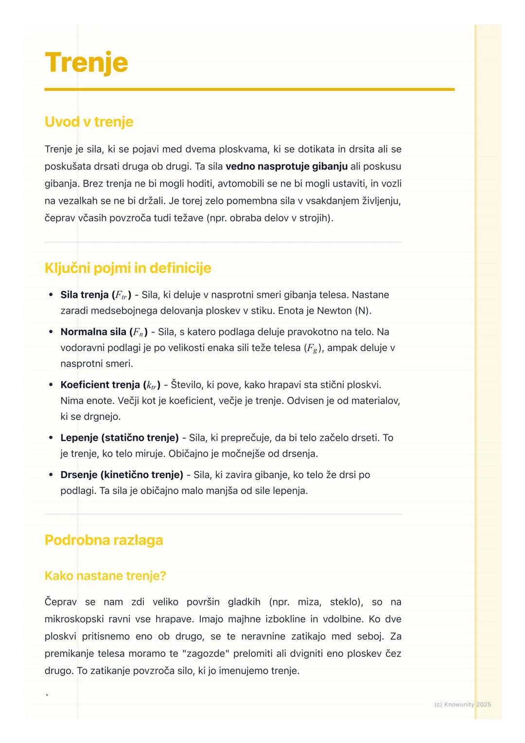 # Trenje
Uvod v trenje
Trenje je sila, ki se pojavi med dvema ploskvama, ki se dotikata in drsita ali se
poskušata drsati druga ob drugi.