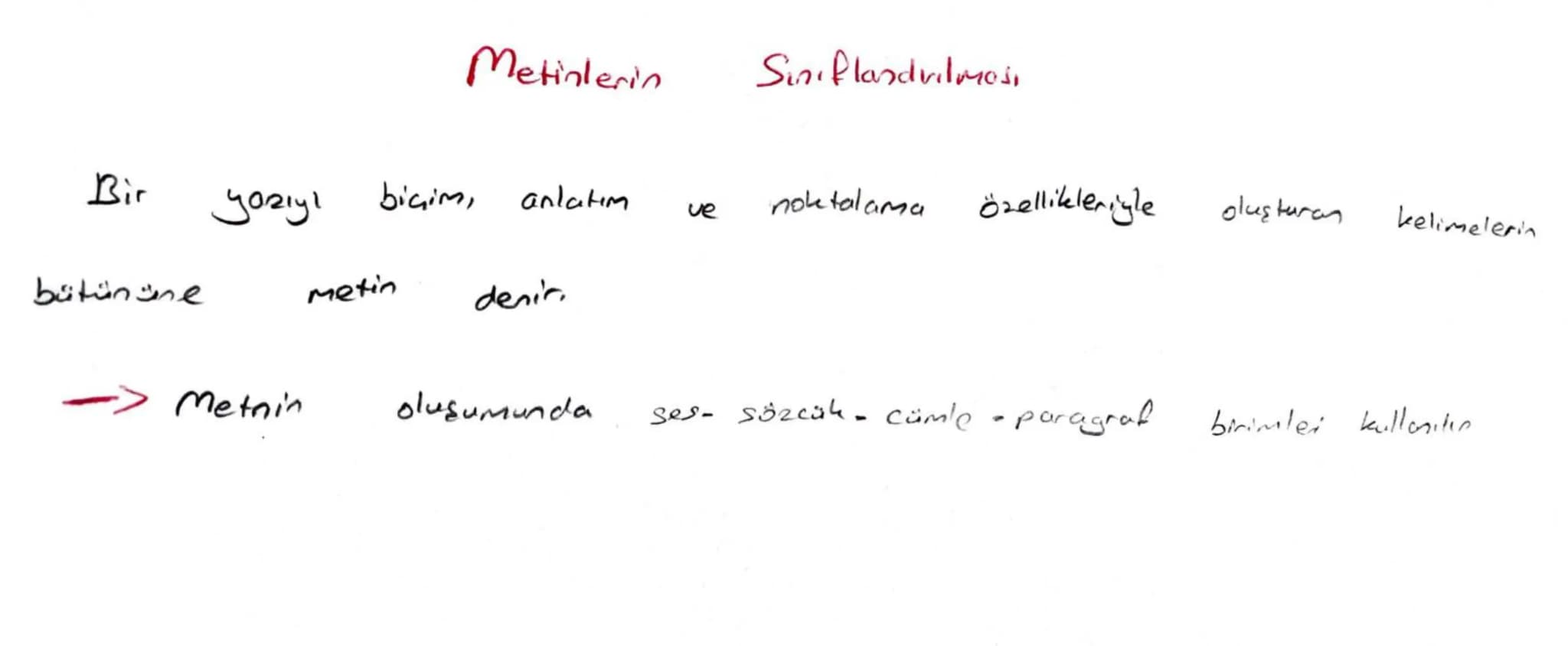 # Metinlerin Sınıflandırılması
Bir yazıyı biçim, anlatım ve noktalama özellikleriyle oluşturan kelimelerin bütününe metin denir.
- Metnin