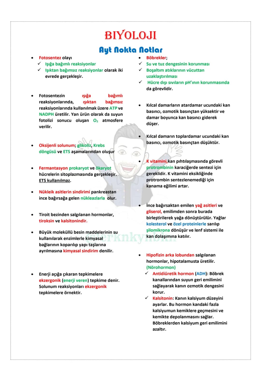 BİYOLOJİ
NOKTA NOTLAR
TYT
@erknkynbkn # BIYOLOJI
## Tyt Nokta Notlar
* Süngerler yer değiştirmeyen hayvanlardır.
* Kemikli balıklarda hareke