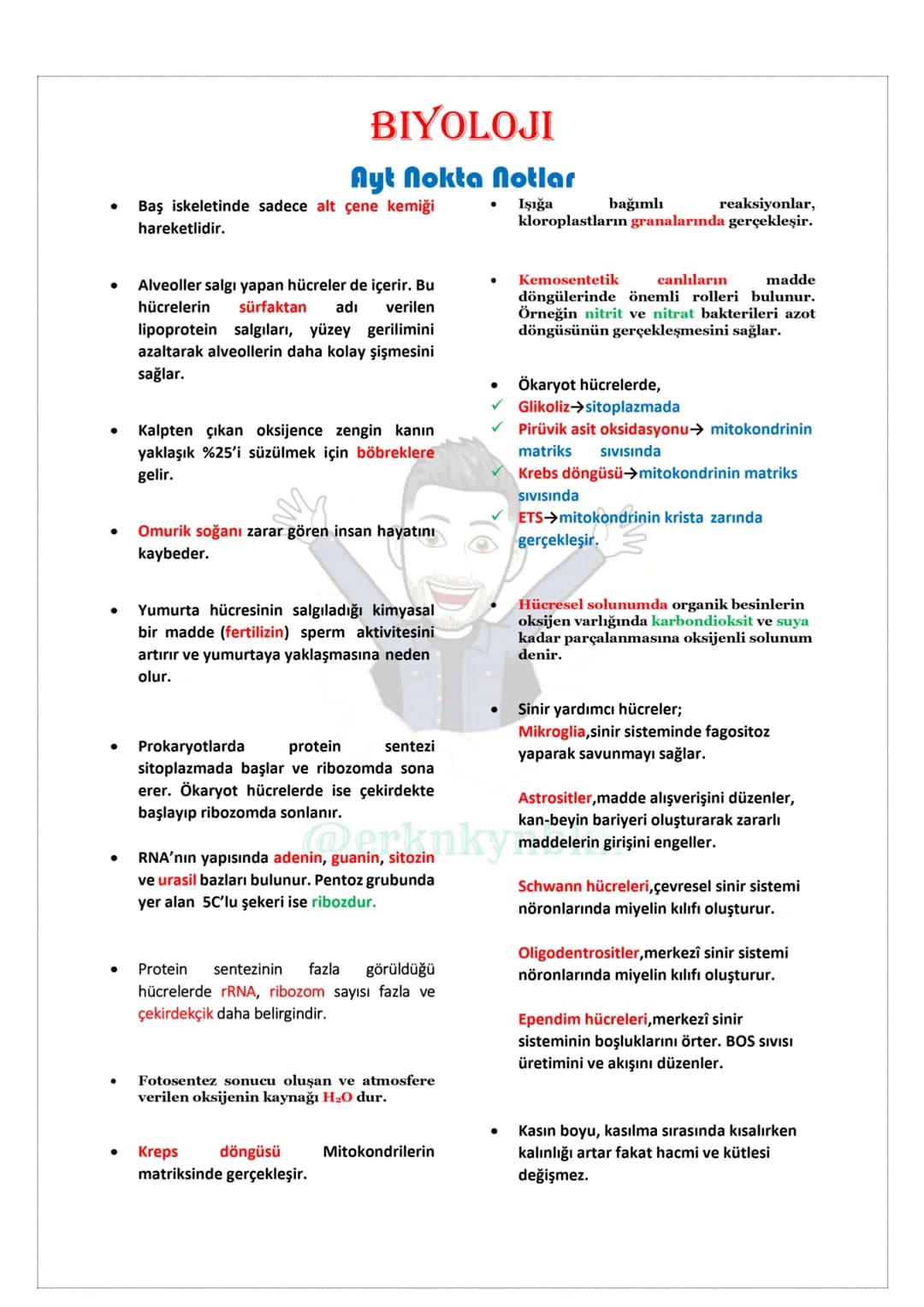 BİYOLOJİ
NOKTA NOTLAR
TYT
@erknkynbkn # BIYOLOJI
## Tyt Nokta Notlar
* Süngerler yer değiştirmeyen hayvanlardır.
* Kemikli balıklarda hareke