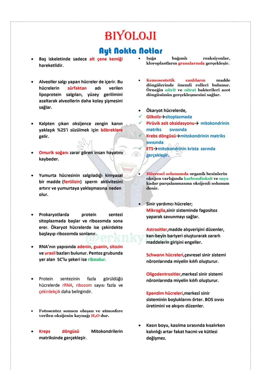 BİYOLOJİ
NOKTA NOTLAR
TYT
@erknkynbkn # BIYOLOJI
## Tyt Nokta Notlar
* Süngerler yer değiştirmeyen hayvanlardır.
* Kemikli balıklarda hareke