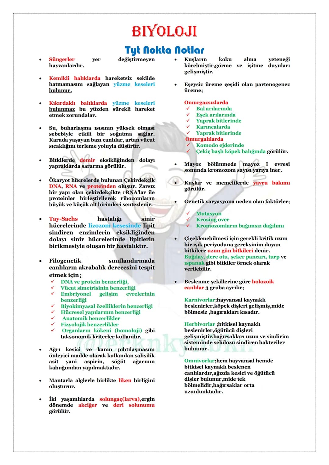 BİYOLOJİ
NOKTA NOTLAR
TYT
@erknkynbkn # BIYOLOJI
## Tyt Nokta Notlar
* Süngerler yer değiştirmeyen hayvanlardır.
* Kemikli balıklarda hareke