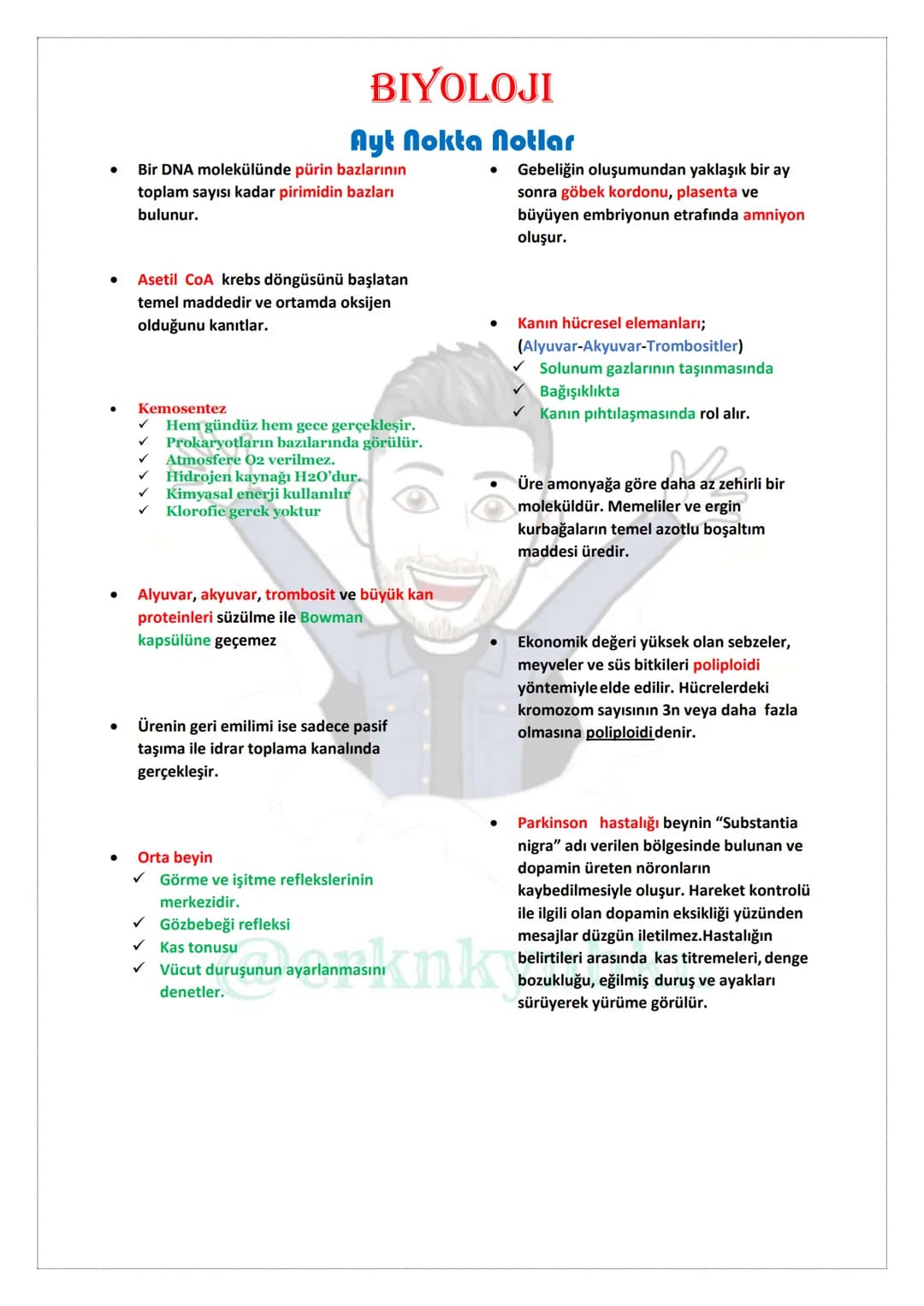 BİYOLOJİ
NOKTA NOTLAR
TYT
@erknkynbkn # BIYOLOJI
## Tyt Nokta Notlar
* Süngerler yer değiştirmeyen hayvanlardır.
* Kemikli balıklarda hareke