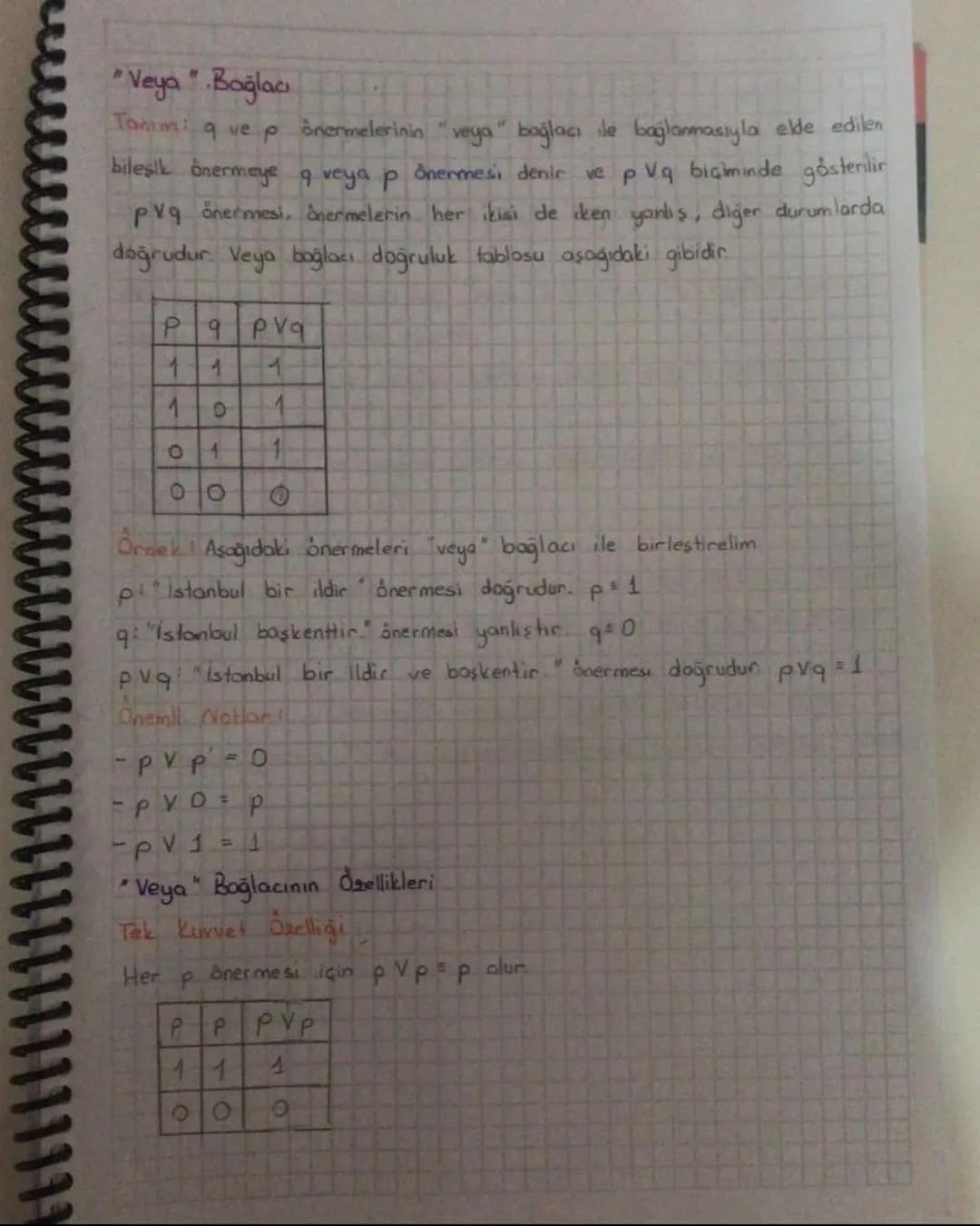 "
"Veya Bağlac
Tonim: q ve ponermelerinin veya bağlacı ile bağlanmasıyla elde edilen
bileşik önermeye q veya p önermesi denir ve p Vq biçimi