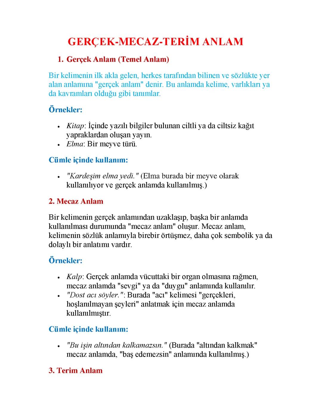 Gerçek, Mecaz ve Terim Anlamın İncelenmesi