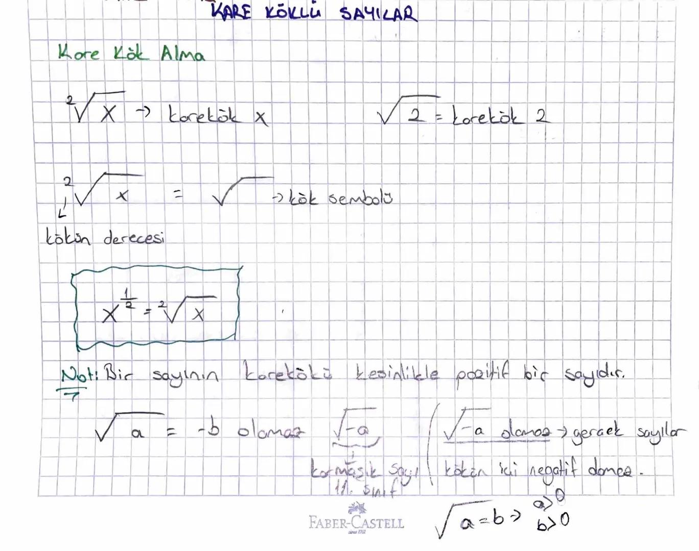 Kore Kök Alma
KARE KÖKLÜ SAYILAR
2x -> korekök X
✓2 = Lorekök 2
त
2
kökin derecesi
IT
☑
=
✓ » kok sembol's
Х
'
Not: Bir
7
sayinin
korekōkō k