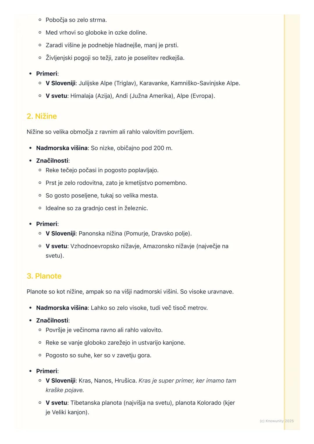 # Glavne reliefne oblike
Uvod v reliefne oblike
Relief je izraz za vse oblike na Zemljinem površju. To pomeni, da površje ni
ravno, ampak