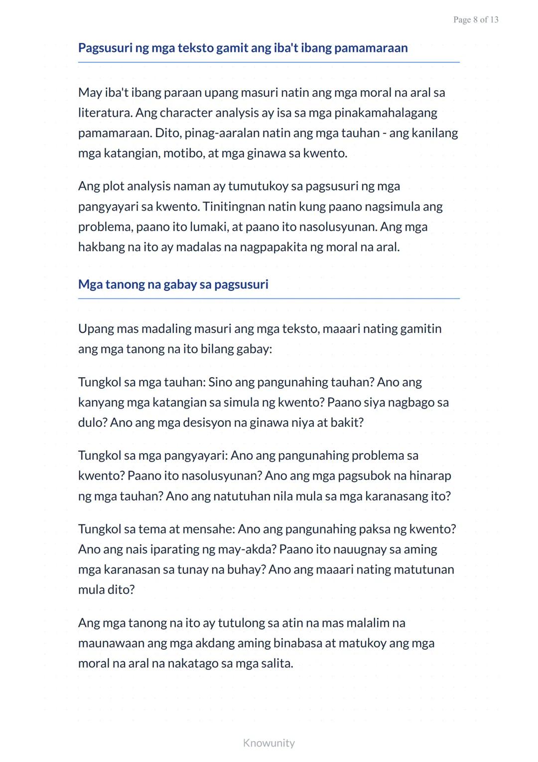 # Pagsusuri ng mga Aral sa Piling Akdang Pampanitikan
Pag-aaral kung paano hanapin at unawain ang mga moral na aral sa literatura
## Mga L