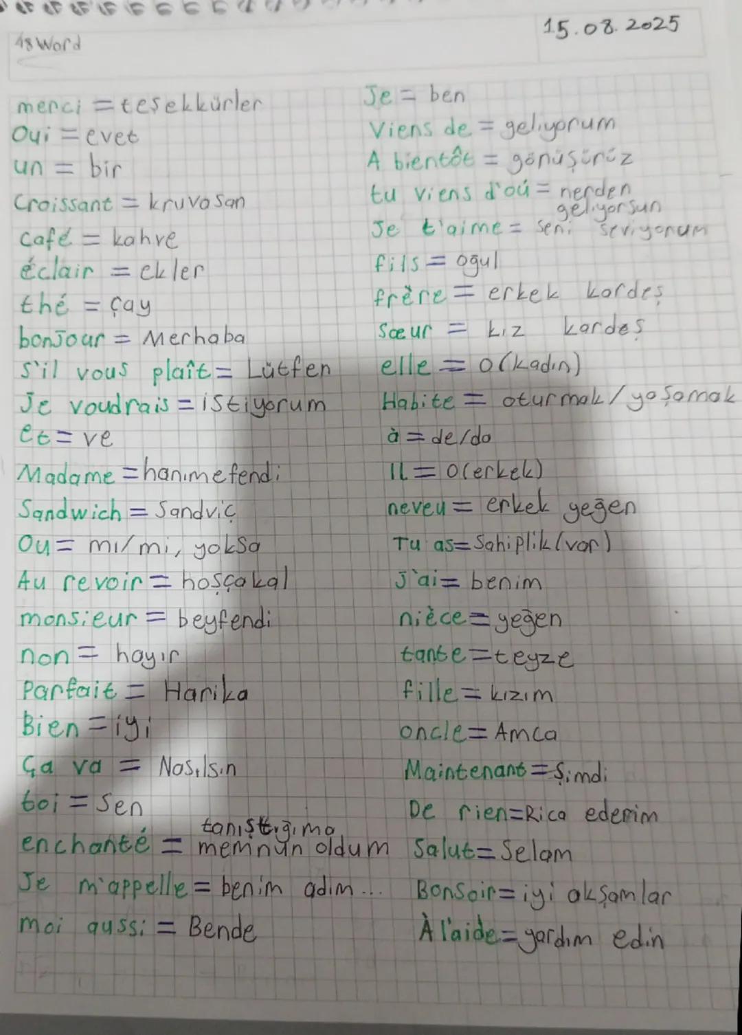 48 Word
merci =tesekkürler
Oui = evet
un = bir
Croissant = kruvo san
café = kahve
éclair = ekler
thê = çay
bonjour = Merhaba
S'il vous plaît