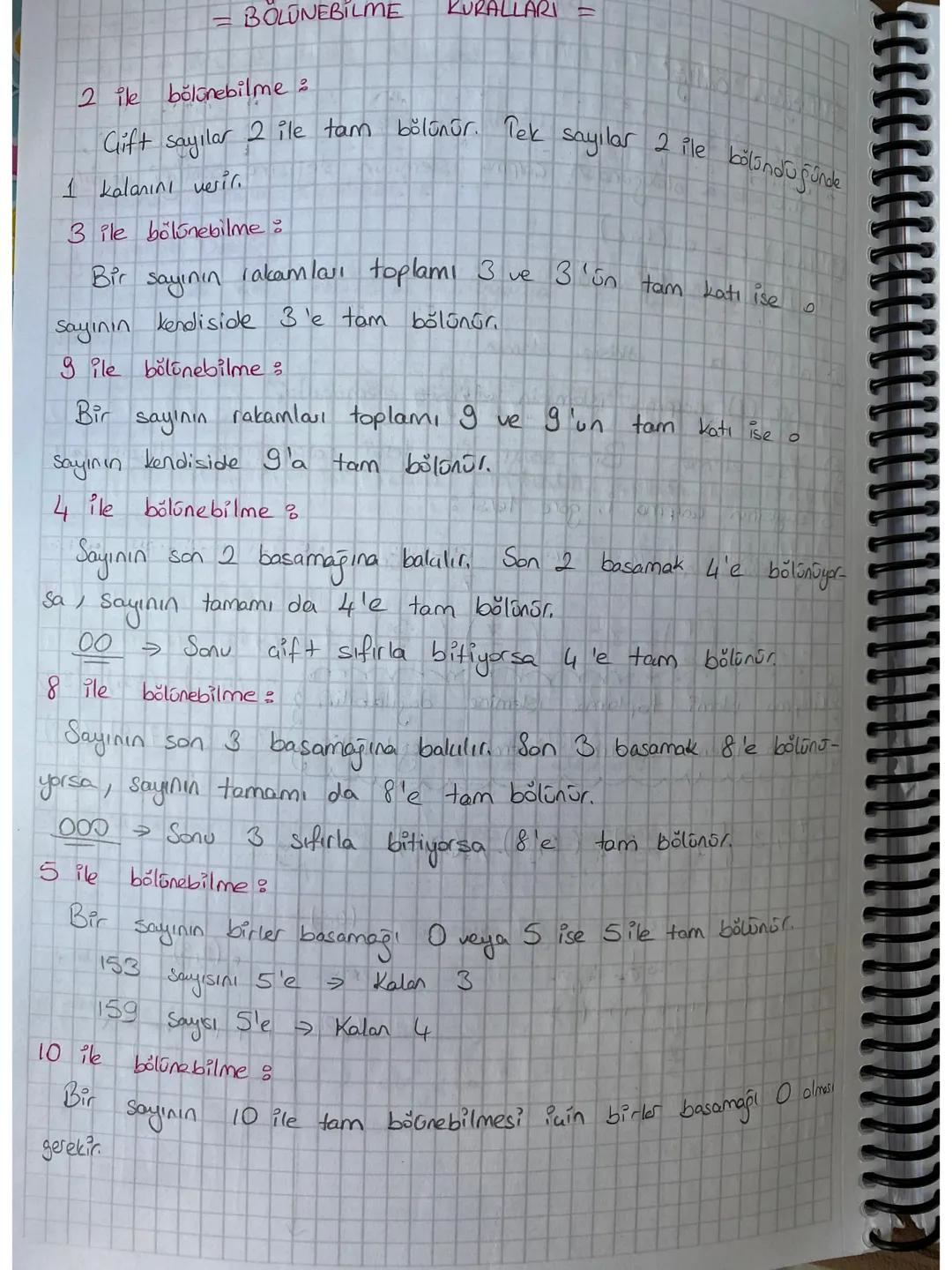 BOLUNEBILME
KURALLARI =
2 ile bölünebilme:
Gift sayılar 2 ile tam bölünür. Tek sayılar
1 kalanını verir.
3 ile bolonebilme
2 ile bölündüğünd