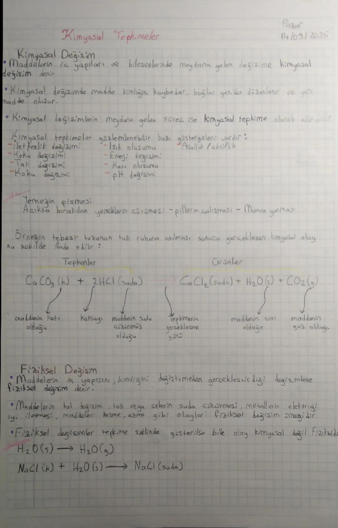 ## Kimyasal Tepkimeler
**Pazor**
**14/09/2025**
* **Kimyasal Değişim**
Maddelerin iç yapıları ve bileşenlerinde meydana gelen değişime kim