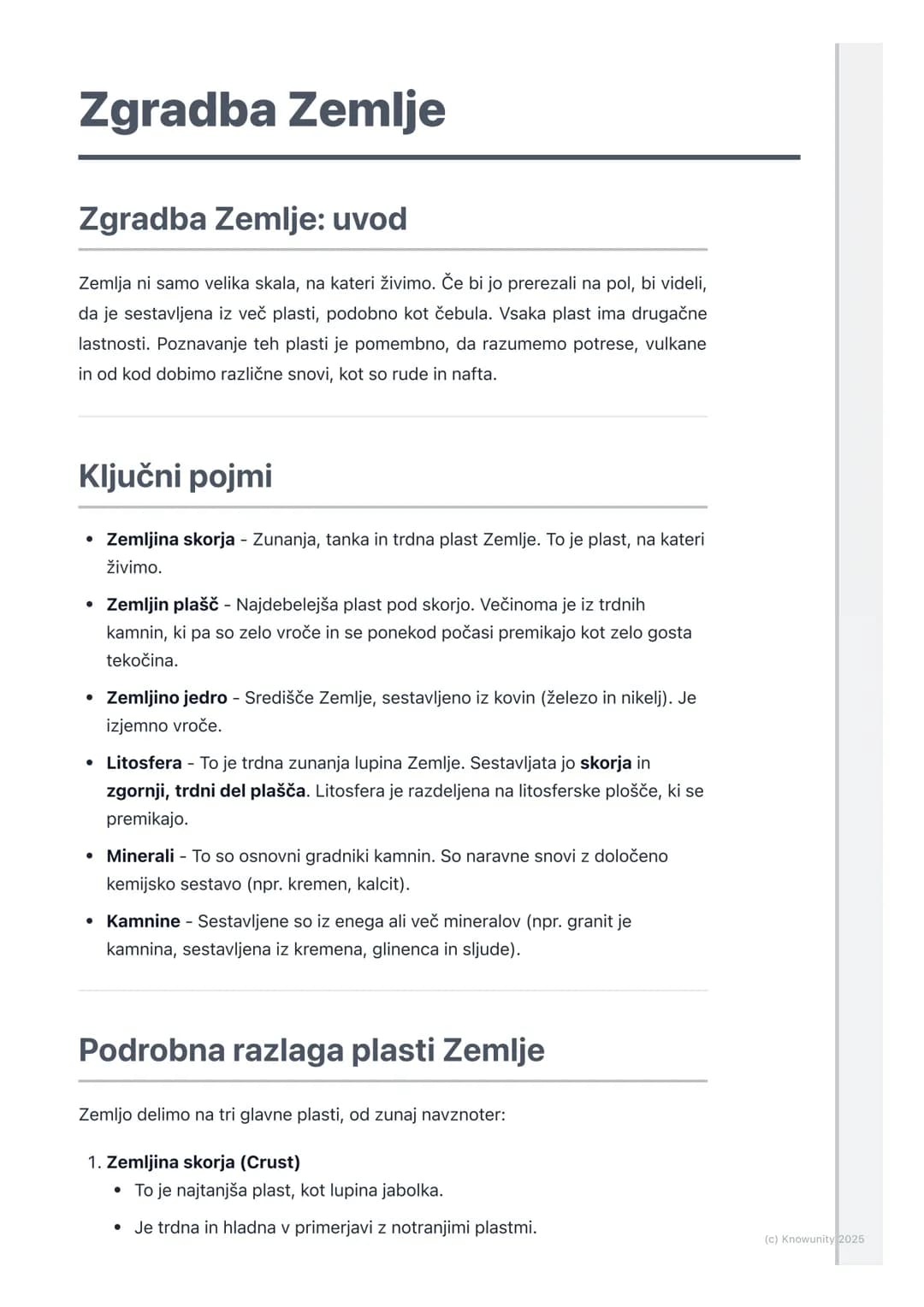 # Zgradba Zemlje
## Zgradba Zemlje: uvod
Zemlja ni samo velika skala, na kateri živimo. Če bi jo prerezali na pol, bi videli,
da je sestav
