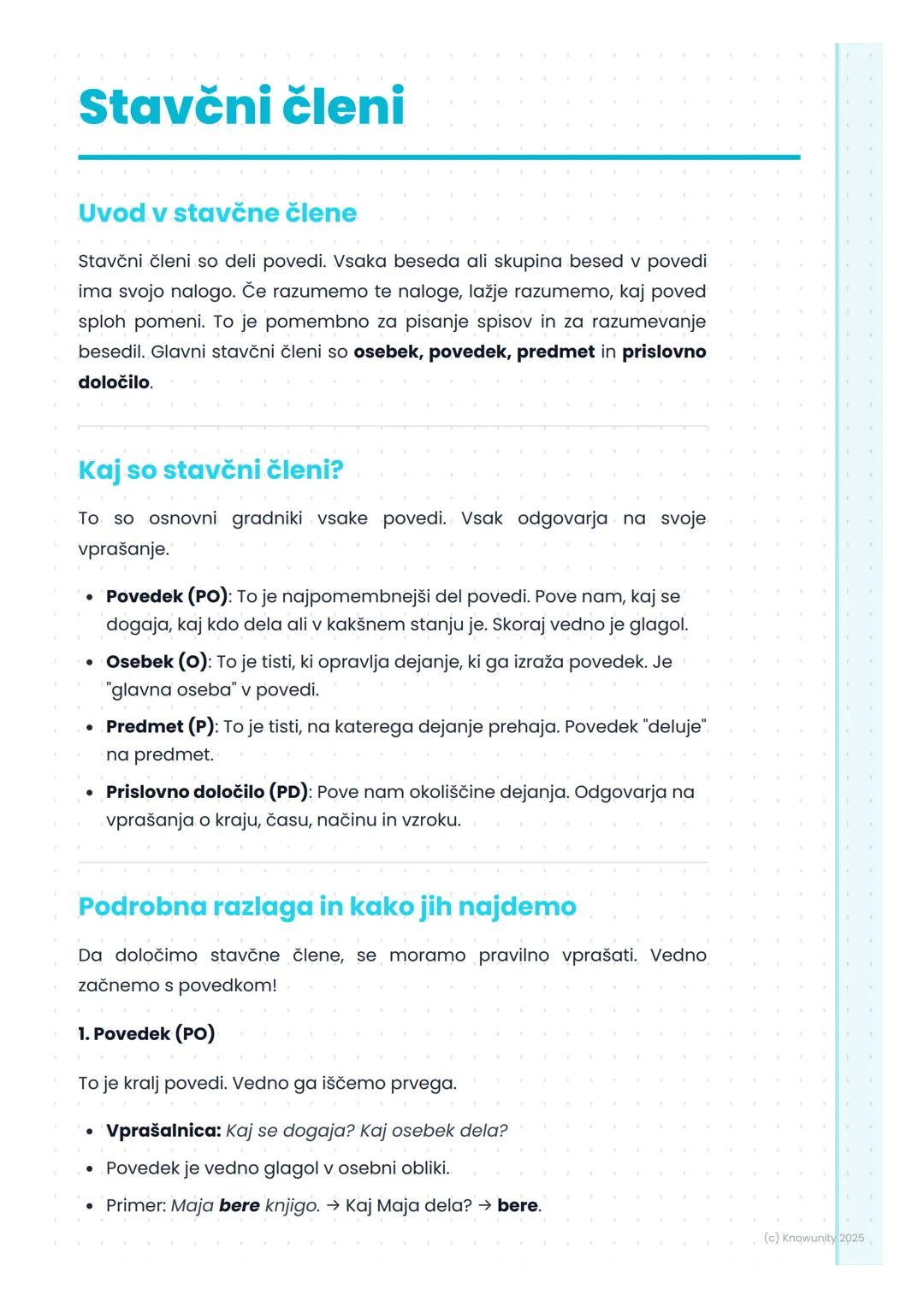 # Stavčni členi
Uvod v stavčne člene
Stavčni členi so deli povedi. Vsaka beseda ali skupina besed v povedi
ima svojo nalogo. Če razumemo t