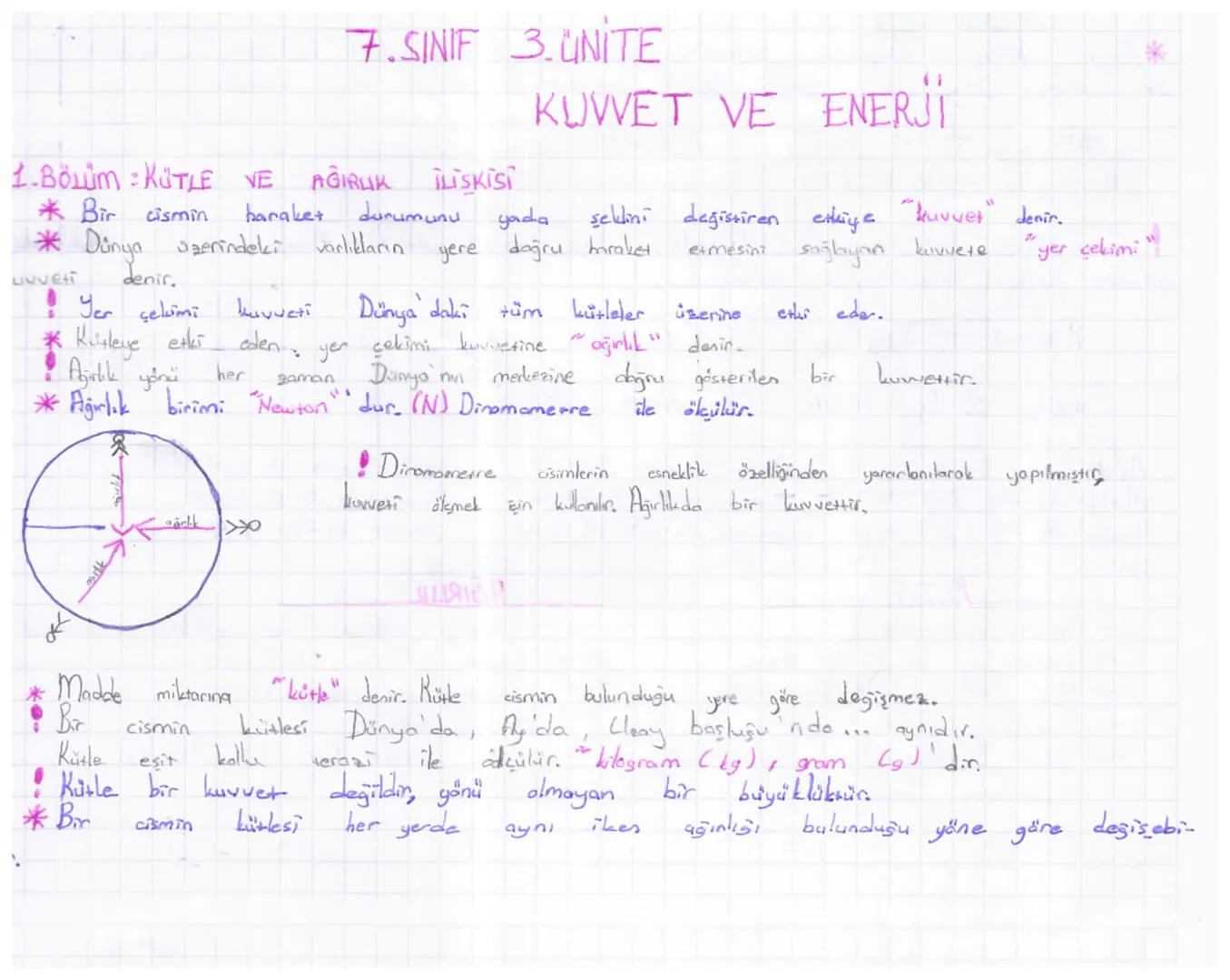 7.SINIF 3. UNITE
KUVVET VE ENERJİ
1.BÖLÜM :KÜTLE VE AĞIRLIK İLİŞKİSİ
* Bir cismin haraket durumunu yada şeklini degistiren etkiye "kuvver" d