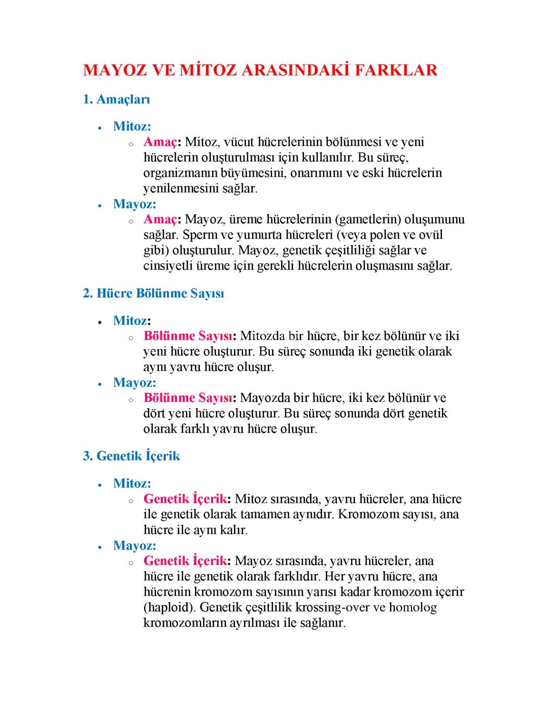 mayoz ve mitoz arasındaki farklar