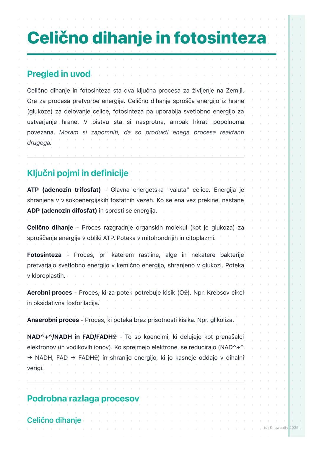 # Celično dihanje in fotosinteza
Pregled in uvod
Celično dihanje in fotosinteza sta dva ključna procesa za življenje na Zemlji.
Gre za pro