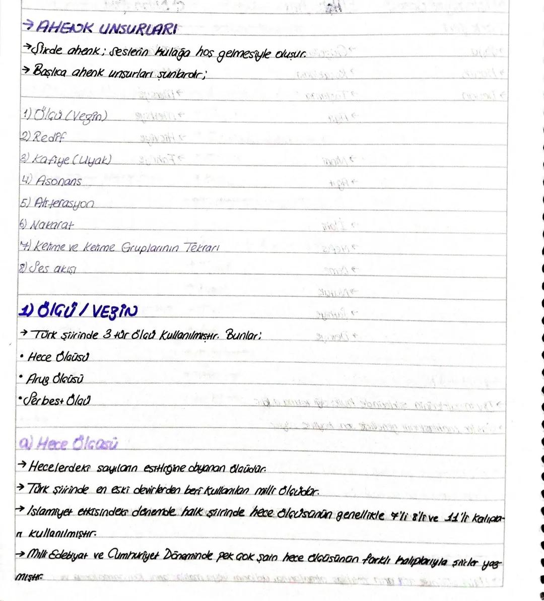 # AHENK UNSURLARI
→Sirde ahenk; Seslerin kulağa hos gelmesiyle duşur.
→Başlıca ahenk unsurları şunlardır;
1) Ölçü (Vezin)
2) Redif
2) K