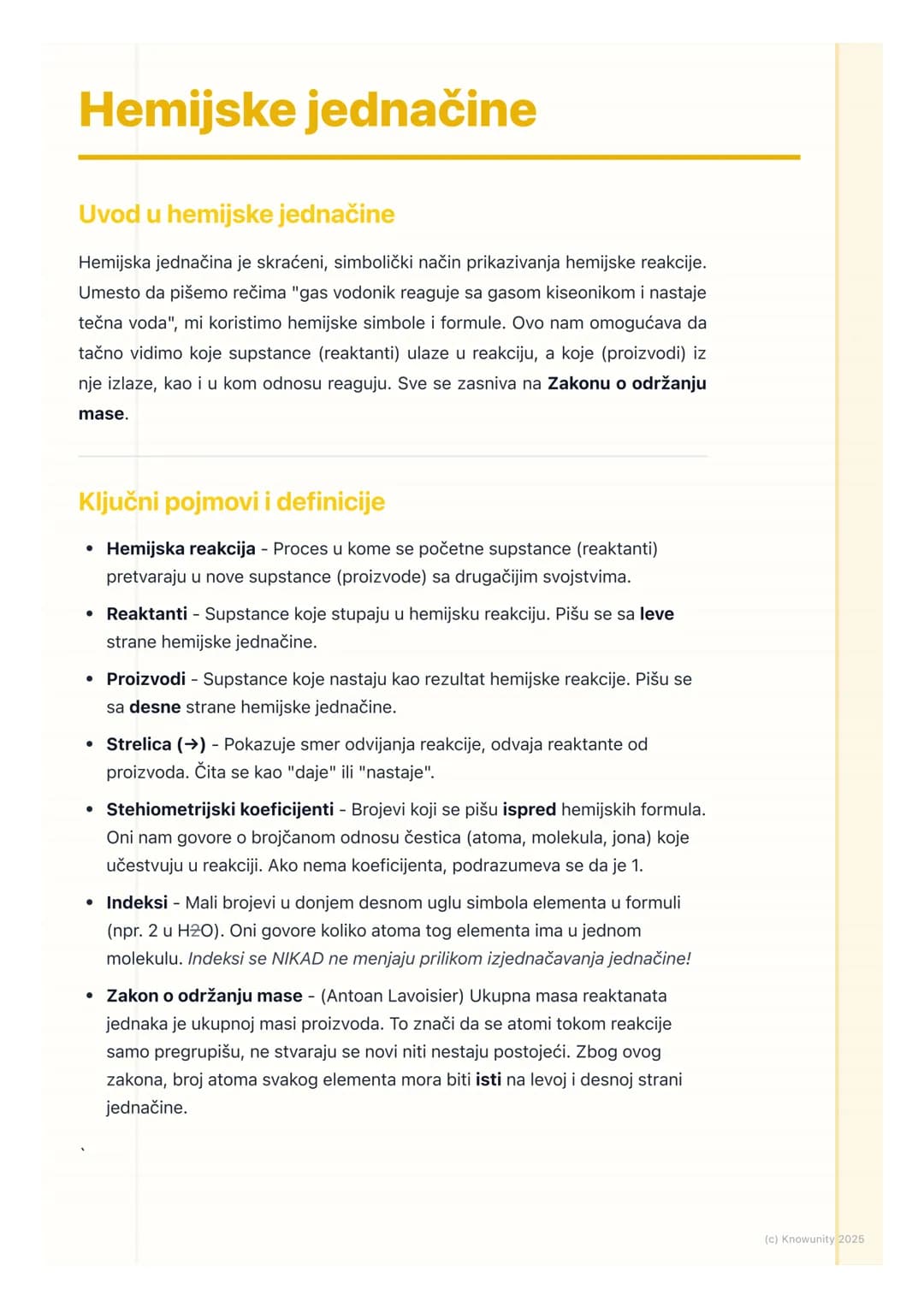 # Hemijske jednačine
Uvod u hemijske jednačine
Hemijska jednačina je skraćeni, simbolički način prikazivanja hemijske reakcije.
Umesto da