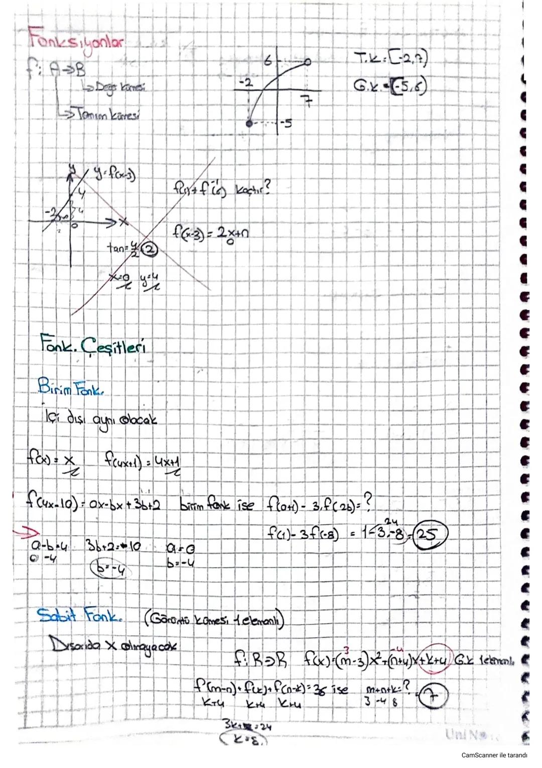 # Fonksiyonlar
f:A→B
→ Dege kamasi
→ Tanım küresi
60
T.K:[-2,7)
-2
G.K:[-5,6)
7
-5
y-for)
frayfi Koçtır?
f(-3)=2x+n
tan
you
# F