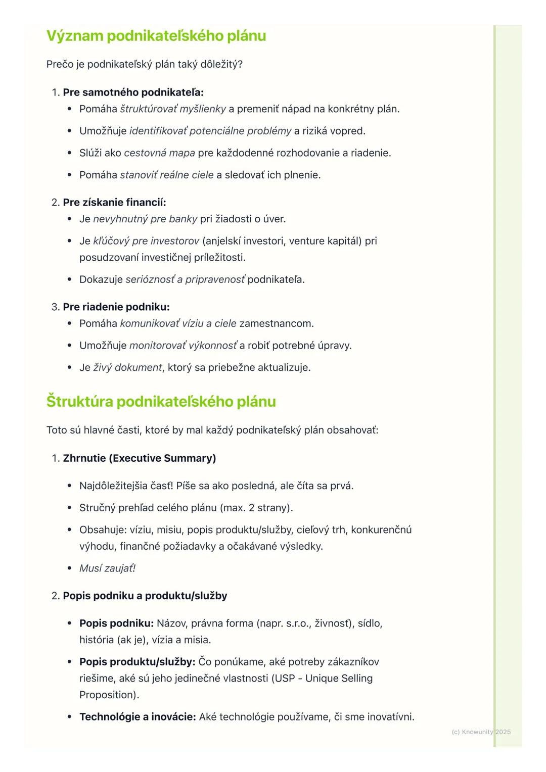 # Podnikateľský plán a jeho
tvorba
1. Prehľad / Úvod
Podnikateľský plán je pre mňa ako mapa pre cestu ak chcem niekam prísť,
potrebujem ve