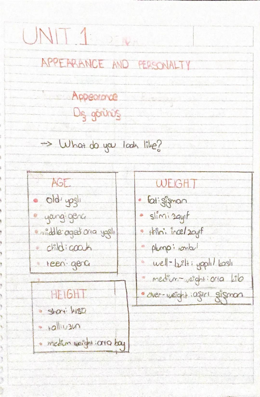 UNIT 1
APPEARANCE AND PERSONALTY
Appearance
De gorunus
→What do you look like?
AGE
old yaşlı
WEIGHT
0
fat: sigman
young gena
•iddle aged on