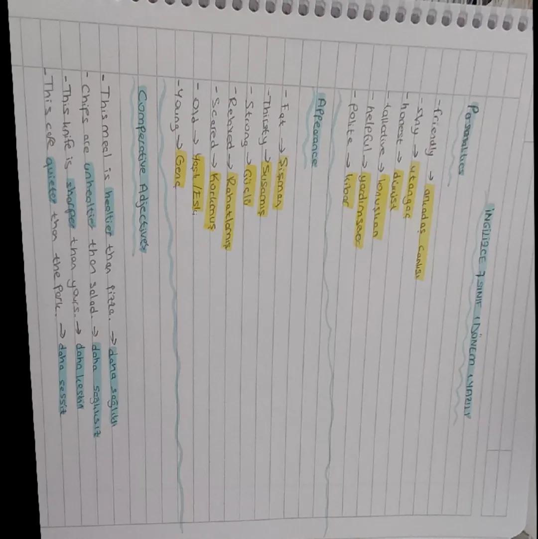 İngilizce 7.sinif 1.donem 1.yazili çalışması